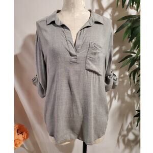Cloth & Stone by Anthropologie Hi Low Roll Tab Sleeve Viscose Top Size L Gray